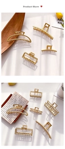 Detailed view of hollow geometric gold metal hair claws in various elegant shapes