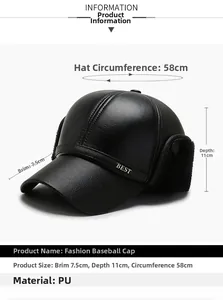 Detailed size specifications for the men's winter PU leather baseball cap with ear flaps