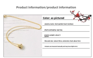 Detailed view of gold heart necklace with 33+5cm chain specs and material list