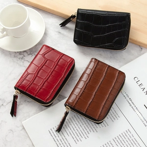 Women Mini Card Holder Wallet PU Leather Crocodile Embossed RFID Blocking Multi Slot Zip Around Vintage Small Pouch