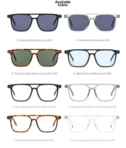 Matrix display of square double-bridge sunglasses and blue light glasses in 8 colors