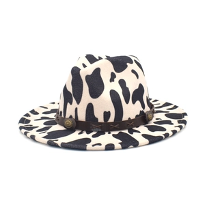 Cow Print Fedora Hat Woolen Felt Wide Brim Vintage Jazz Cap With Faux Leather Band Metal Buckle For Women Men