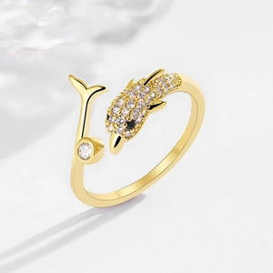 Dolphin Open Ring Zircon Inlaid Adjustable Copper Animal Fashion Jewelry For Women Elegant Gold Plated Accessory