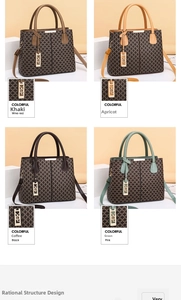 Detail showcasing women's printed handbags in khaki, apricot, coffee, and green colors
