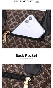 Detail view of back zipper pocket on printed handbag with smooth gold hardware