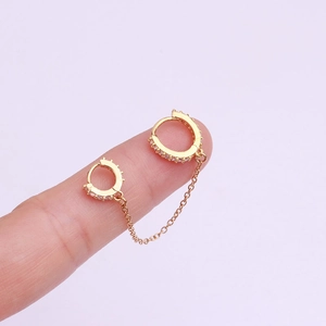 Fashionable gold chain earrings with zircon studs for double piercings stylish jewelry