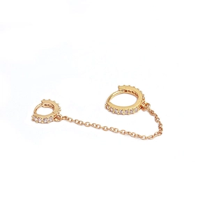 Golden double hoop earrings with cubic zirconia stones and link chain connection