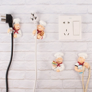 Resin Cartoon Chef Power Plug Hooks Wall Mount Adhesive Cord Organizer For Kitchen Decorative Cable Management