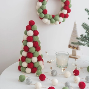 Nordic wool felt ball Christmas tree ornament in red white and green festive colors
