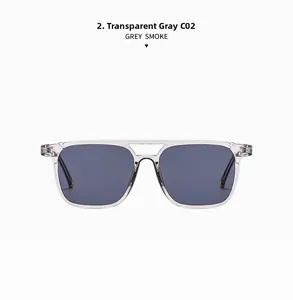 Detail of square double-bridge sunglasses in transparent grey frame with smoke lenses