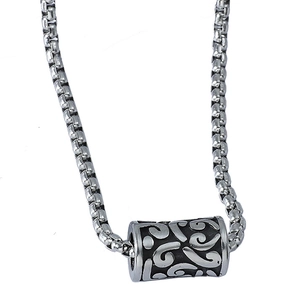 Mens stainless steel cylinder lucky bead necklace with silver tribal engraving and box chain