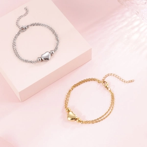 Classic double-layer stainless steel heart charm bracelets in gold and silver finish