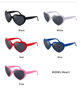 Grid view of heart shaped sunglasses in black white red blue and pink plastic frames