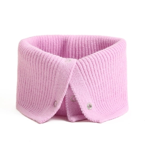 Pink rib-knit neck warmer with metal snap buttons on a clean white background