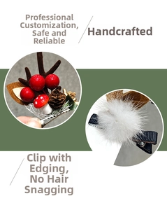 Detail of fabric wrapped alligator clip with Christmas reindeer antler decoration
