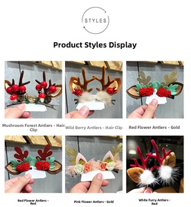 Detail showcasing six styles of reindeer antler hair clips with festive mushrooms and fur balls