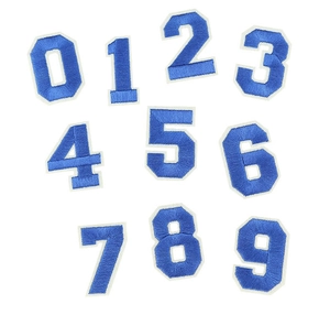 Close-up of blue embroidered number patches 0-9 with white borders for clothing