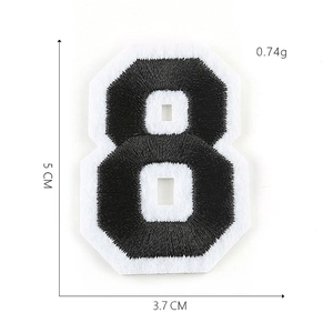 Detailed view of black and white embroidered number 8 patch with 5cm size measurements
