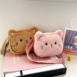 Lindos bolsos bandolera de peluche con forma de gato en rosa y marrón con correa suave