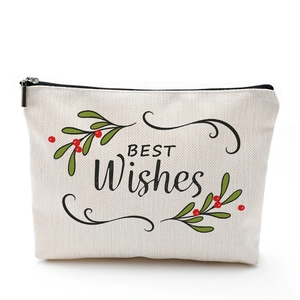 Waterproof cotton linen Christmas makeup bag with Best Wishes print and zipper