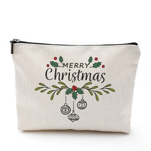 Linen Christmas makeup bag with Merry Christmas print and holly pattern on white background