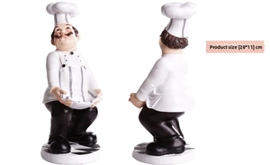 Front and back detail of a 28x11cm chef figurine holding a white tray for restaurant decor
