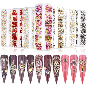 Macro shot of 12-grid nail art rhinestones in various shapes and vibrant colors