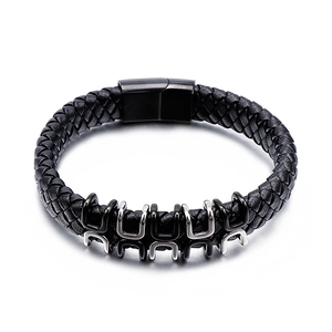 Men's braided black leather bracelet with industrial silver and black metal rings