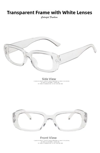 Detailed front and side views of minimalist transparent square frame sunglasses