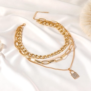 Three-layer gold punk lock pendant necklace with chunky chains and crystal rhinestones