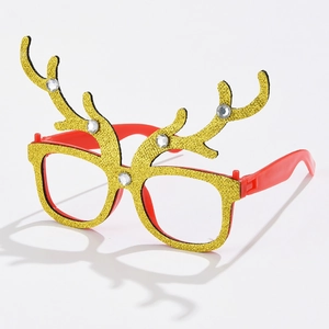 Christmas reindeer glasses with red frames, gold glitter antlers, and silver faux diamonds