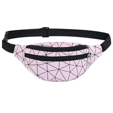 Detail view of pink Oxford fabric waist bag with geometric print and double metal zippers
