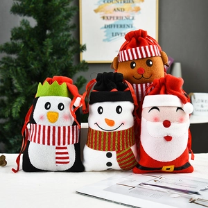 Christmas gift drawstring bags set with 3D Santa, Snowman, Penguin and Reindeer dolls