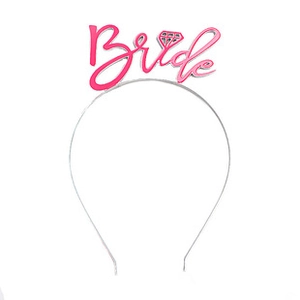 Detail of pink bridal headband featuring sparkling rhinestone Bride lettering and diamond motif