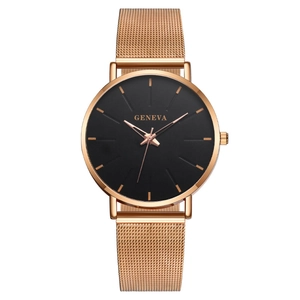 Fashionable rose gold Geneva men's quartz watch with black dial and metal mesh strap