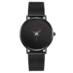Fashionable black Geneva men's watch with red indices and a sleek metal mesh strap