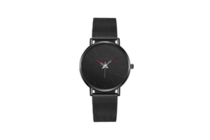 Detail of black quartz watch with red hour markers and metal mesh band on white background