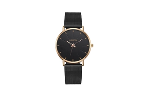 Detail of Geneva quartz watch with black dial and rose gold mesh strap on white background