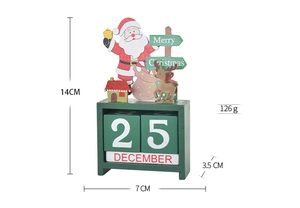 Detailed size view of wooden Christmas calendar with Santa and reindeer motifs