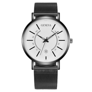 Sleek Geneva quartz watch with black mesh strap, white dial and date display window