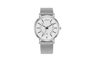 Detail of silver mesh steel strap and white dial with calendar for Geneva quartz watch