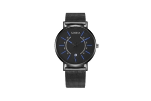Detail of Geneva black quartz watch with blue markers, date window and mesh strap