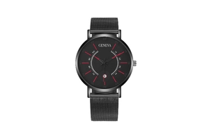 Detail of Geneva quartz watch with black mesh strap and red markers on large dial