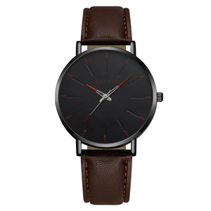 Geneva men's quartz watch with brown leather strap and black dial featuring red markers