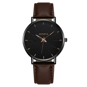 Geneva men's quartz watch with brown lychee leather strap and black dial in minimalist style