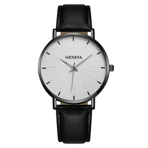 Minimalist Geneva quartz watch with silver dial, black metal case and leather strap