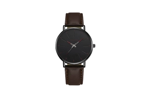 Detail of Geneva quartz watch featuring dark brown leather strap and black round metal case