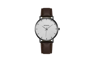 Macro shot of minimalist white dial and silver indices of Geneva leather watch