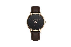 Detailed macro view of the Geneva brown leather strap with stitching and rose gold casing