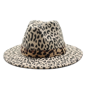 Classic leopard print wool fedora hat with a wide brim and matching decorative band